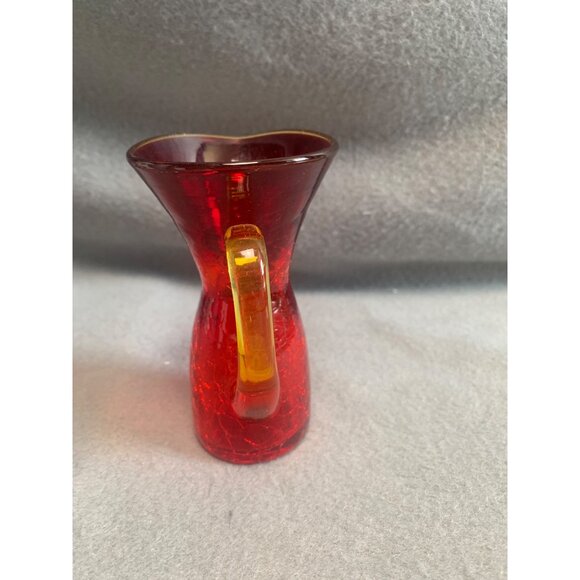 Vintage Crackle Red Glass Miniature Pitcher Vase with Yellow Handle - Picture 4 of 9